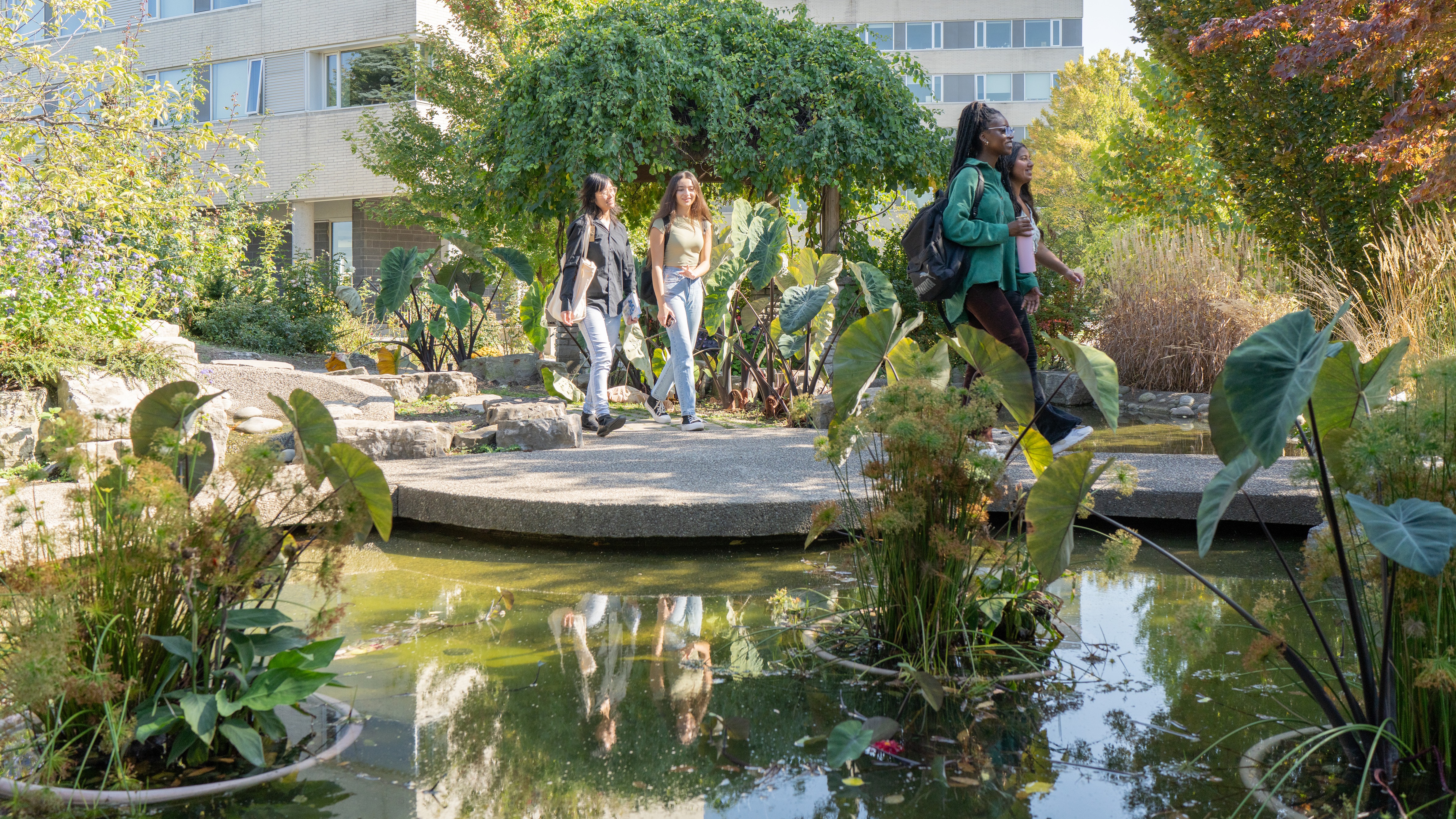 Students walking past the pond in the arboretum