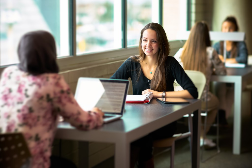A student speaking to another person at a laptop