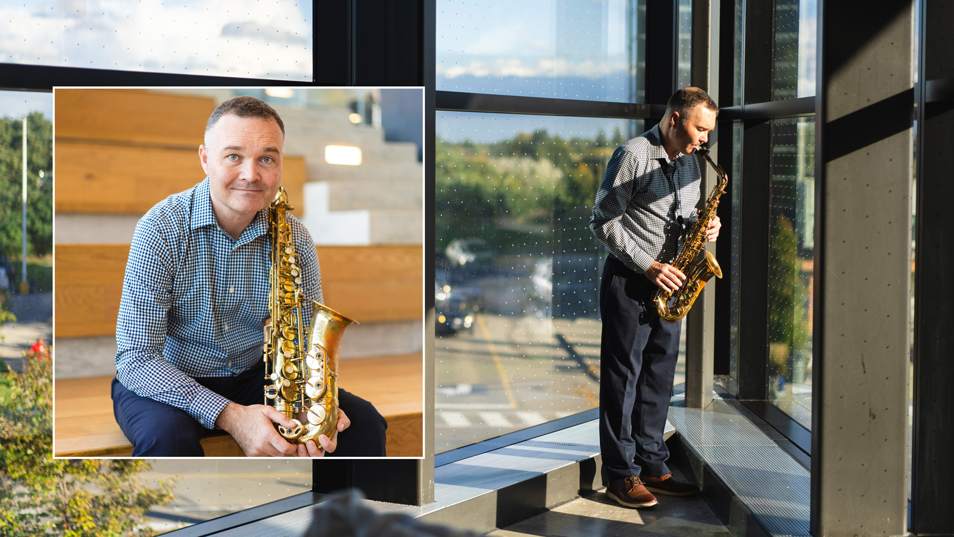 Collage of two images. Left: Dr. Ryan Bruce holding a saxophone looking at the camera. Right: Dr. Ryan Bruce playing his saxophone