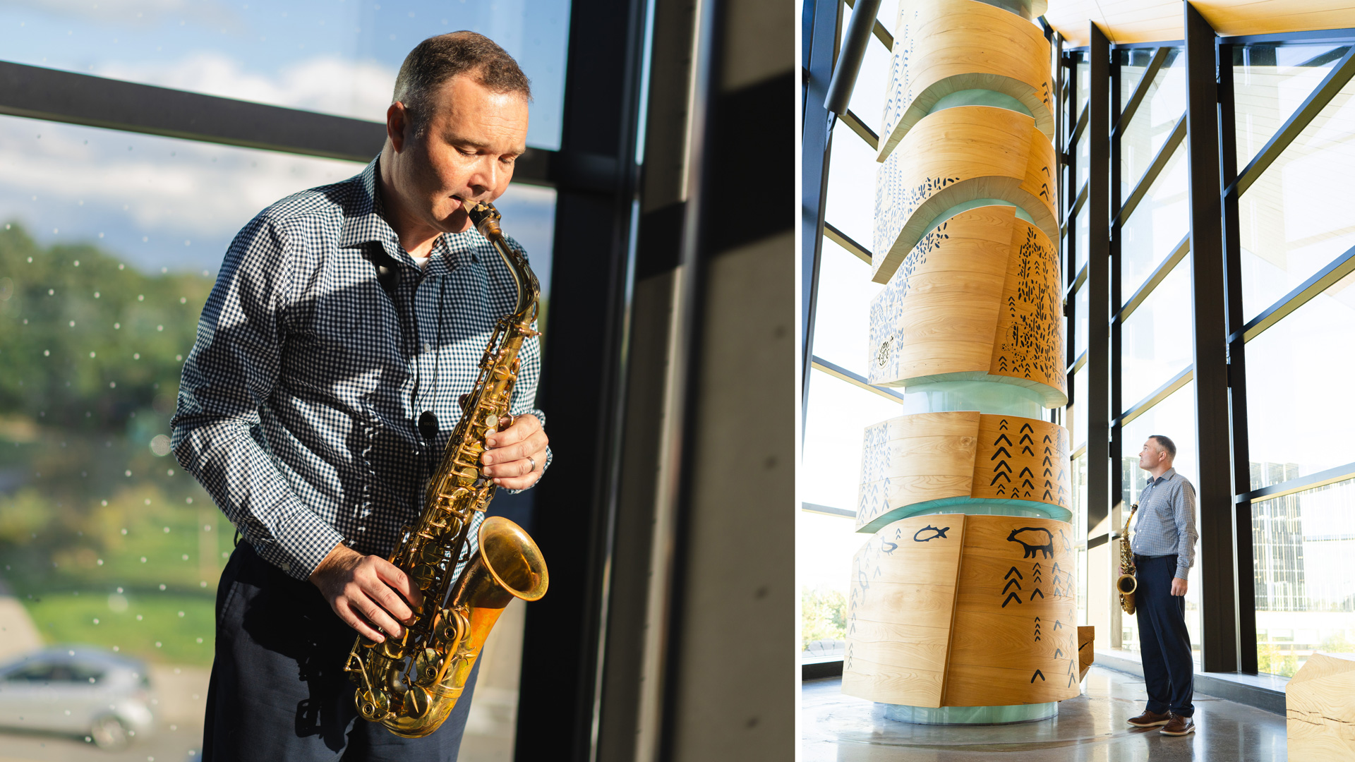 Two images. Left: Dr. Ryan Bruce passionately playing his saxophone. Right: With saxophone in his right hand, Dr. Ryan Bruce looks at a pillar with wooden panels that have Indigenous markings on it.